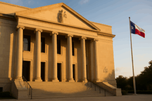 Neoclassical Texas courthouse at golden hour with Ionic columns and a Texas flag, symbolizing justice in a successful DWI appeal.