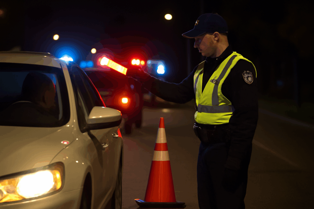 Image of a sobriety checkpoint with a police officer and a car at night during a DWI checkpoint operation.