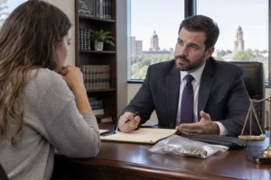 A College Station attorney discusses a disputed drug possession case with a client at an office desk.
