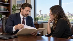 A Texas criminal defense attorney meets with a client in a bright professional office.