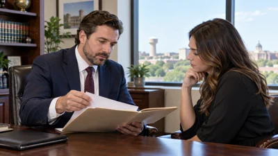 A Texas criminal defense attorney meets with a client in a bright professional office.