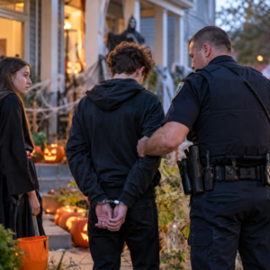 A young adult in a Halloween costume speaking with a police officer outside a decorated home in Texas.