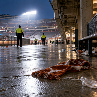 Empty college football stadium concourse after a game