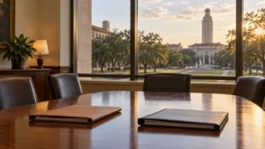 An empty college meeting room with case folders on a table.