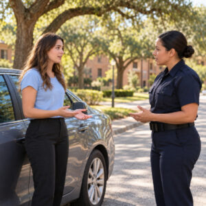 Young woman speaking with a uniformed officer beside a parked gray car on a tree-lined street.
