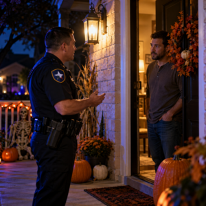 Police speak with residents at the doorway of a Texas house party at night
