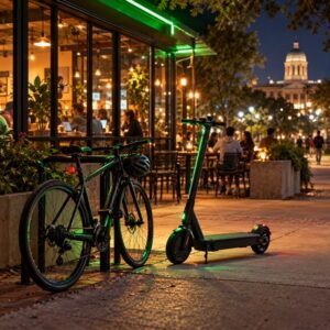 A parked electric scooter and bicycle near a College Station street at dusk.