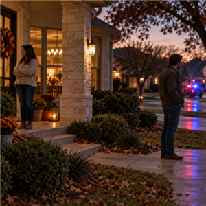 Two family members stand apart outside a home after a tense Thanksgiving gathering as police lights appear in the distance.