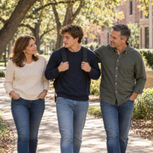 College student carrying a backpack walks with his parents along a tree-lined campus path.