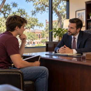Texas A&M student meeting with a criminal defense attorney in a College Station law office.