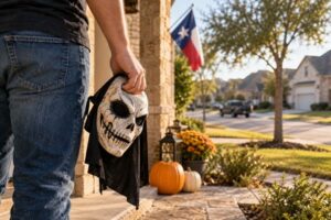A person in a Halloween mask outside a Texas courthouse, illustrating criminal law questions